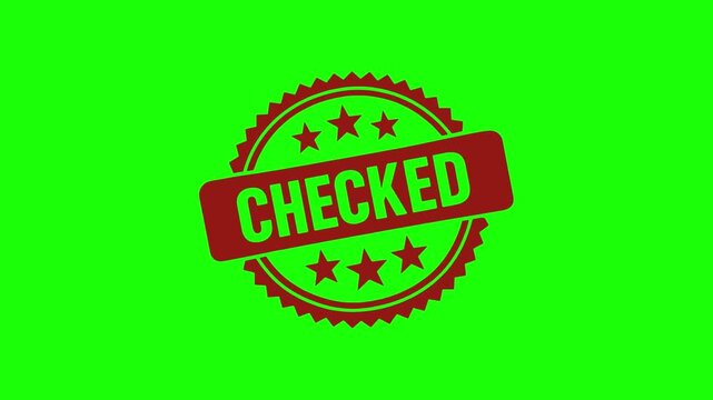A red checked stamp on a green background with stars