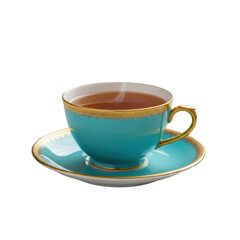 Fototapeta premium Delicate turquoise porcelain teacup with gold trim filled with dark amber tea on a reflective white marble surface in a minimalist studio, serene luxury atmosphere
