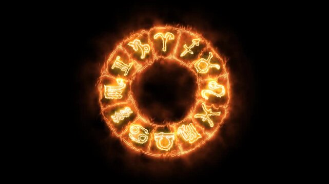 12 zodiac sign border flame bolt effect on black screen