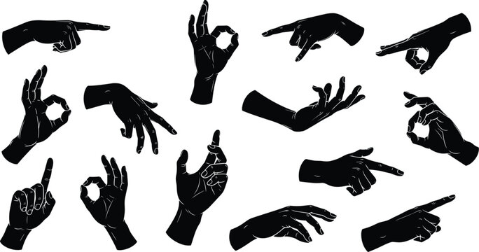 Hand gesture silhouette collection, expressive signs, pointing finger, OK symbol, communication icon, body language art, vector illustration, black silhouette design