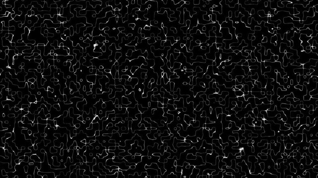 Abstract White Strings Moving from Top to Down on a Black Background with Random Patterns and Shapes
