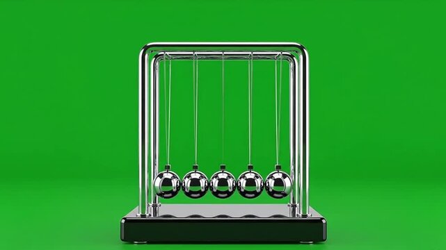 Newtons Cradle Demonstrating Conservation of Momentum and Energy on Green Screen.