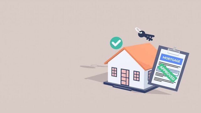 Animated Illustration Representing Mortgage Approval, Home Loan Process, And Financial Lending Concepts For Banking, Real Estate, And Finance Presentations, With Copy Space For Text.