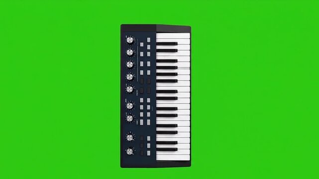 Keyboard synthesizer on green screen background for music production.