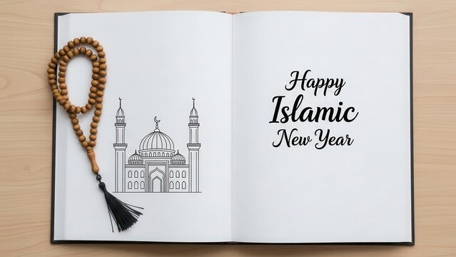 Celebrating the islamic new year with a prayer bead and mosque illustration