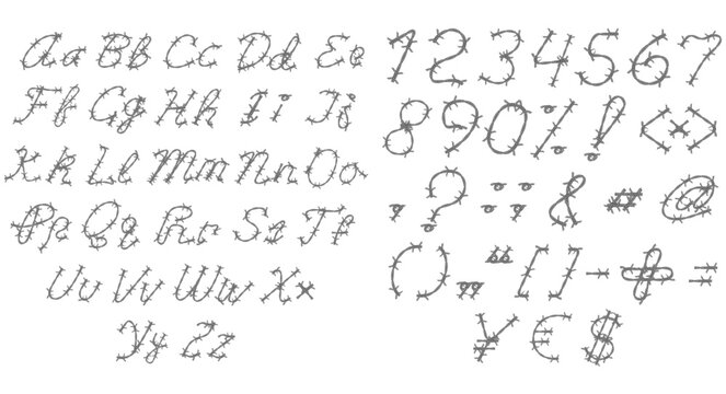 Handwritten style font made of barbed wire including uppercase and lowercase letters, numbers and special symbols. Editable vector alphabet isolated on white background.