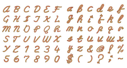 Colorful rope style alphabet with uppercase and lowercase letters, numbers and symbols. Editable vector set isolated on white background for design, branding and typography. © Ivan Burchak