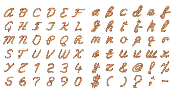 Colorful rope style alphabet with uppercase and lowercase letters, numbers and symbols. Editable vector set isolated on white background for design, branding and typography.