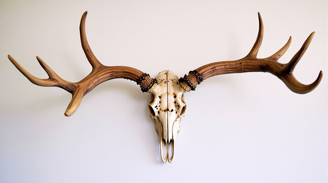 long-horned deer head skeleton displayed on a wooden board