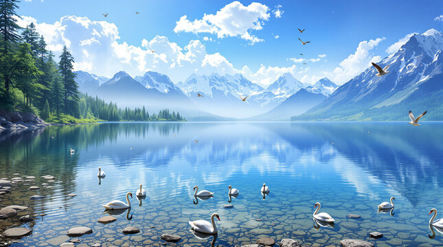 Pegunungan yang tertutup salju tercermin di danau yang sangat luas dan jernih, burung-burung terbang dan angsa-angsa berenang di danau.