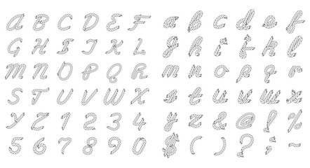 Fototapeta premium Black and white rope style alphabet with uppercase and lowercase letters, numbers and symbols. Editable vector set isolated on white background for design and typography.