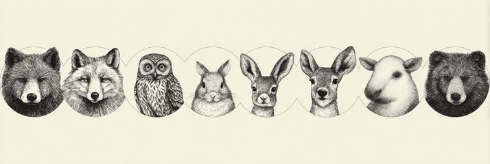 Naklejka premium Hand-drawn Doodle Animal Portraits in Black Ink on White Background Showing Nine Different Animals in Circles
