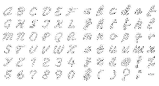 Black and white rope style alphabet with uppercase and lowercase letters, numbers and symbols. Editable vector set isolated on white background for design and typography.
