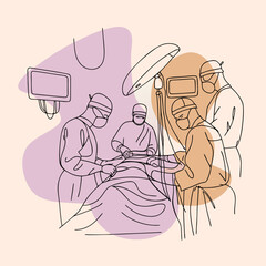 Obraz premium Team of specialized surgeons performs a complex operation on a patient in a modern operating room equipped with advanced medical monitors.
