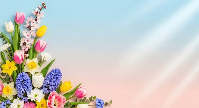 Soft pastel spring background featuring blooming flowers such as tulips, daffodils, and hyacinths arranged elegantly in the corner of the composition. The image showcases a clean and modern aesthetic