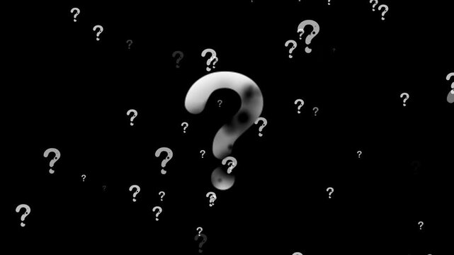 Question Marks Floating in Black Space Representing Inquiry and Uncertainty in Film Context