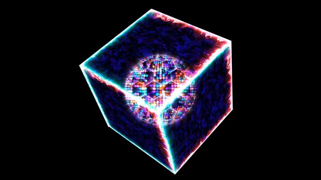 Quantum futuristic computer animation abstract pastel tone light sphere ball and light blue core with powerful magic ice flame cube fusion and violet power mystery energy surface