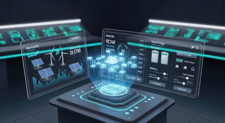 Fototapeta premium Futuristic technology interface with glowing blue screens and data visualization on a sleek black table in a dark room
