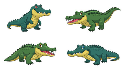 Fototapeta premium Cute Cartoon Alligators and Crocodiles Set. Green Reptiles in Different Poses Isolated. Wildlife Characters Illustration.