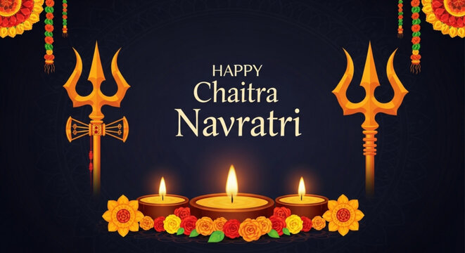 Happy chaitra navratri festival greeting with tridents and diyas on black background