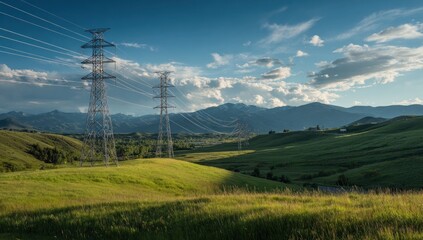 Obraz premium Electricity Pylons in Rolling Green Hills Landscape.