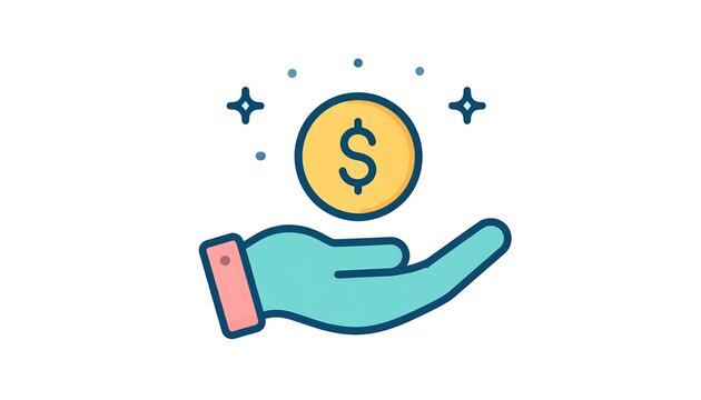 A hand holding a glowing coin, representing finance and wealth. Sparks surround the coin, suggesting value