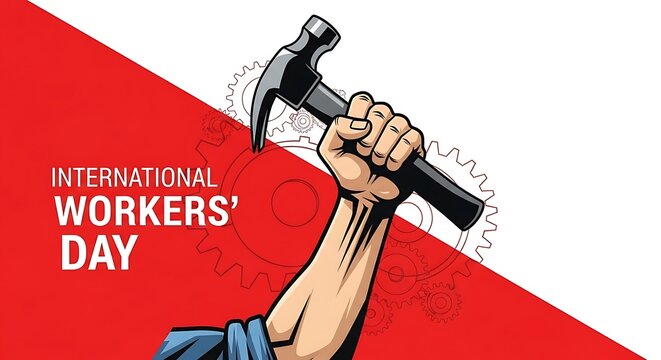 International Workers Day celebration with a strong fist holding a hammer  labor rights