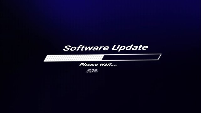 Software update on computer screen with futuristic blue progress bar. 3d loading bar animation