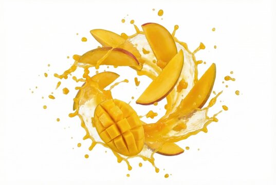 Fatias de manga fresca com respingos de suco voando isoladas no fundo branco