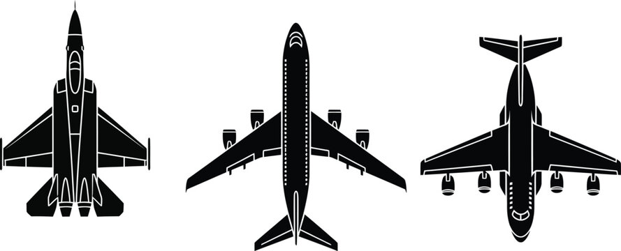 Three view illustration of a fighter jet from front side and rear