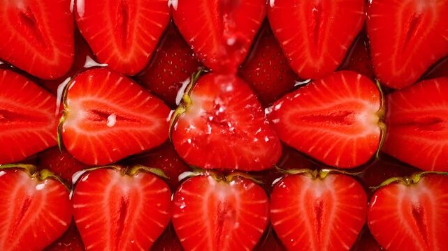 Symmetrical strawberry fruit pattern with splashing liquid ripples