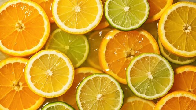 Refreshing citrus mosaic with pouring liquid and water droplets