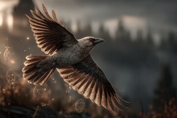 Naklejka premium A majestic raven flies over a mystical forest landscape with magic sparks.