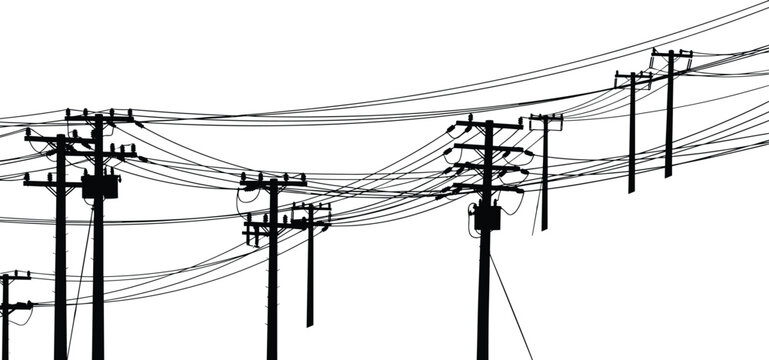 Industrial vector silhouette of electrical power lines and utility poles with transformers providing energy distribution network isolated on a white background