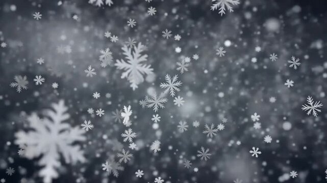 Snowflakes falling on dark background.
