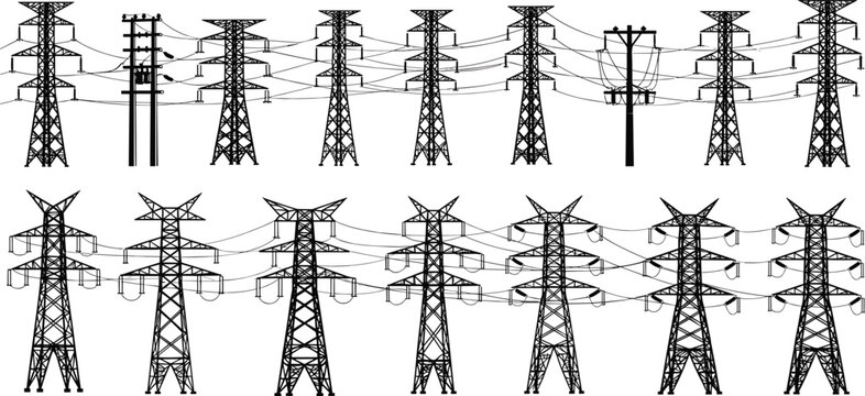 Electrical transmission tower silhouette illustration, utility pole artwork, power line infrastructure design concept, black and white vector template set