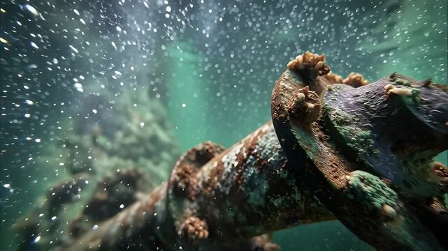 Close Up Rusty Ship Hull Texture with Peeling Paint and Marine Growth Underwater