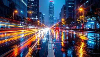 Obraz premium A city street at night with light trails on a wet road