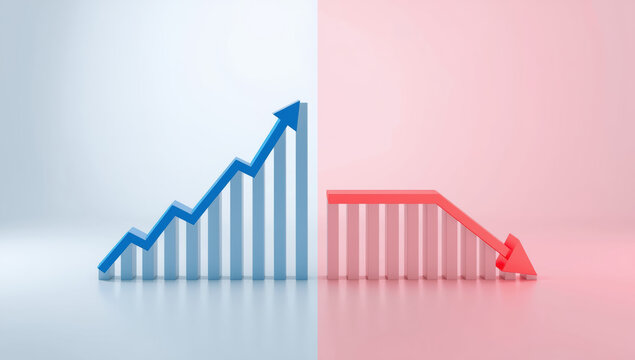 Blue upward growth chart contrasted with red downward decline bar chart symbolizing success