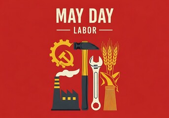 Obraz premium May Day Labor graphic illustration with tools and industrial symbols on red background