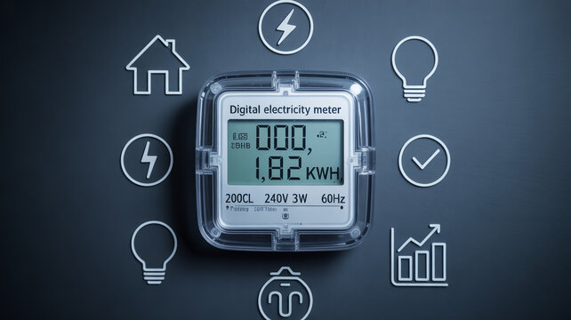 A modern digital electricity meter displaying power consumption data in kilowatt hours surrounded by various white line icons representing home energy