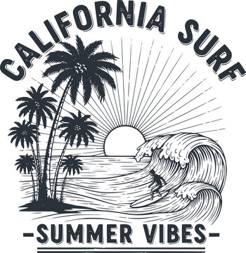T-shirt design with a picture of a California summer beach vintage, beach vector illustration