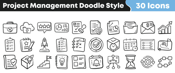 A comprehensive collection of hand-drawn project management doodle style icons depicting various business, planning, and task organization concepts for digital use.