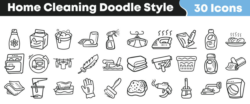 Collection of thirty hand drawn doodle style icons representing various home cleaning tasks and essential household supplies perfectly organized.