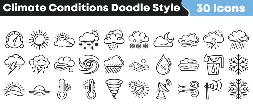 Collection of thirty hand drawn doodle style icons representing various weather and climate conditions effectively illustrating forecasts.