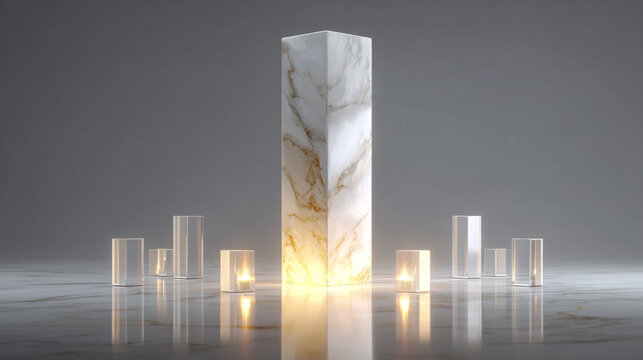 3D render of a luxury marble monolith surrounded by glowing glass cubes on reflective floor with minimalist gray background