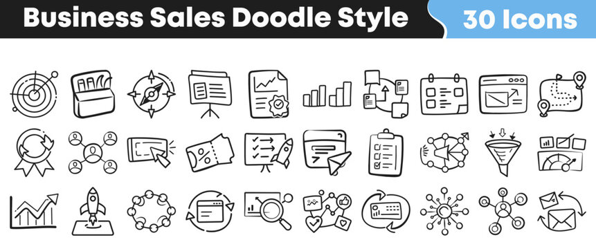 Thirty hand drawn business sales marketing strategy icons displayed in a clean doodle style outline format