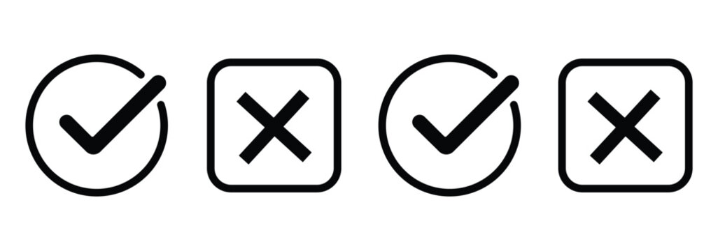 Check tick mark icon set. Cross box x check mark checkbox v list vector draw hand drawn sketch doodle brush marker checklist symbol wrong right circle. Vector
