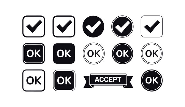 Collection of black and white ok accept and check mark icons for confirmation and feedback