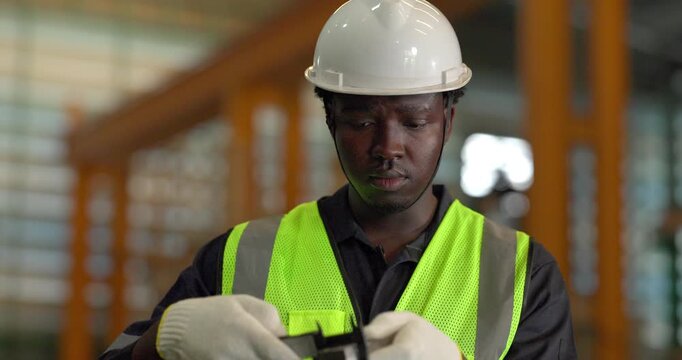 Factory technician uses a vernier caliper to measure a metal component during dimensional inspection in a manufacturing facility, showing quality control, tolerance checks, and process verification.
